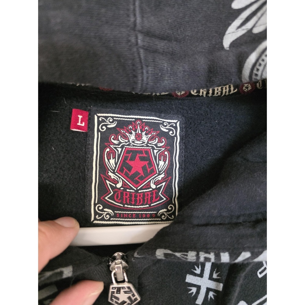 Tribal Gear Hoodie Mens Large Black Full Zip Tattoo Graphic Sweatshirt Fleece - Picture 2 of 11